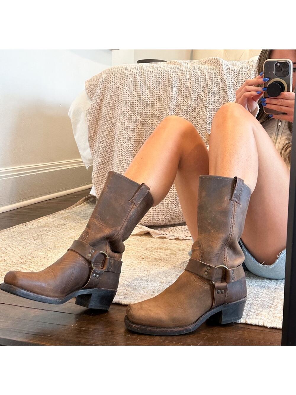 Frye Vintage Brown Leather Harness Boots Square Toe 7.5